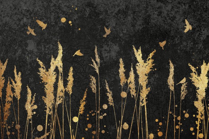 Fototapete Gräser und Vögel auf schwarzem Betongrund