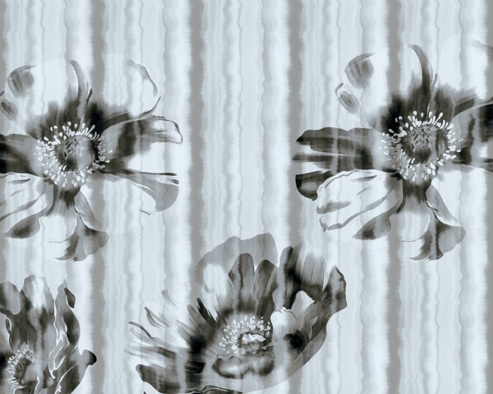 Fototapete Mohnblumen auf gestreiftem Hintergrund in monochromem Muster