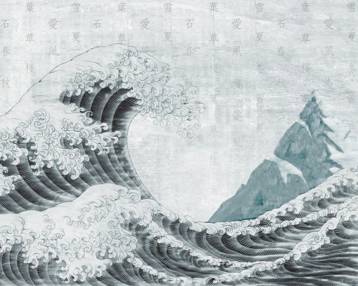 Fototapete Die Große Welle vor der Küste von Kanagawa und chinesische Briefmarken