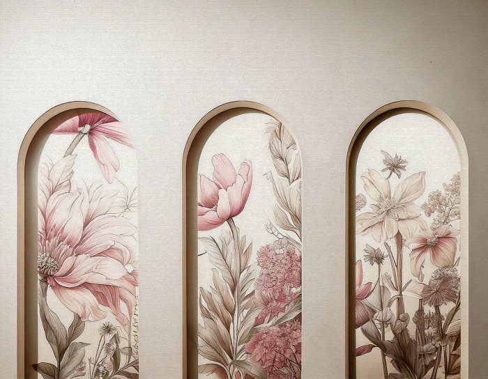 Fototapete Blumen in 3D-Bögen, botanisches Muster