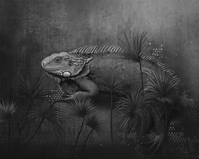 Fototapete Chamäleon und Palmblätter auf Betongrund