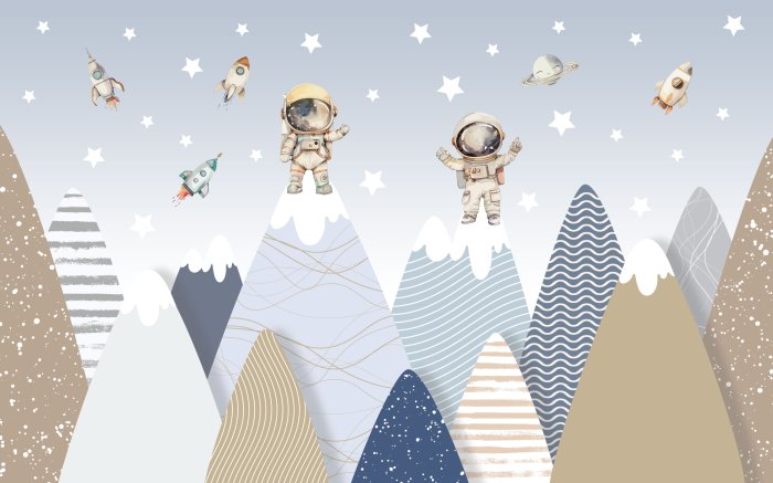 Fototapete Kosmonauten und Berge 3D-Muster für Kinder