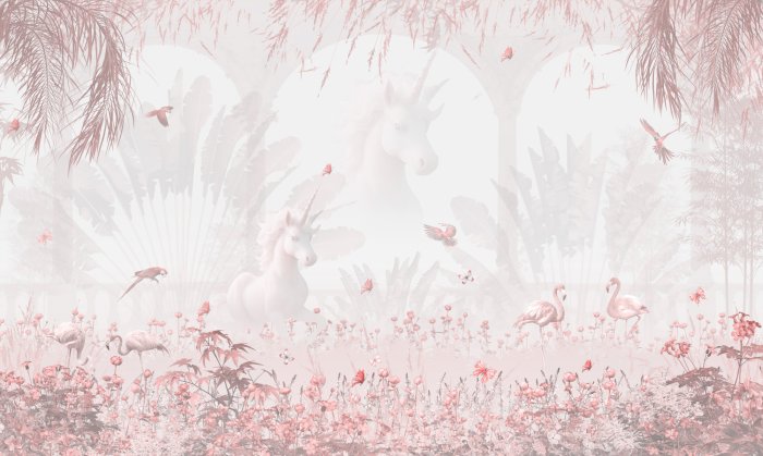 Fototapete Einhorn und Flamingos zwischen rosa Blumen und Pflanzen