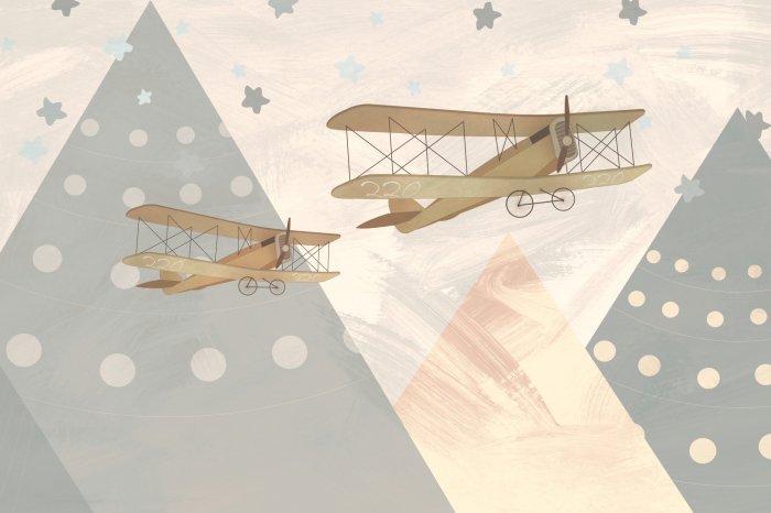 Fototapete Flugzeuge und abstrakte Berglandschaft für Kinder