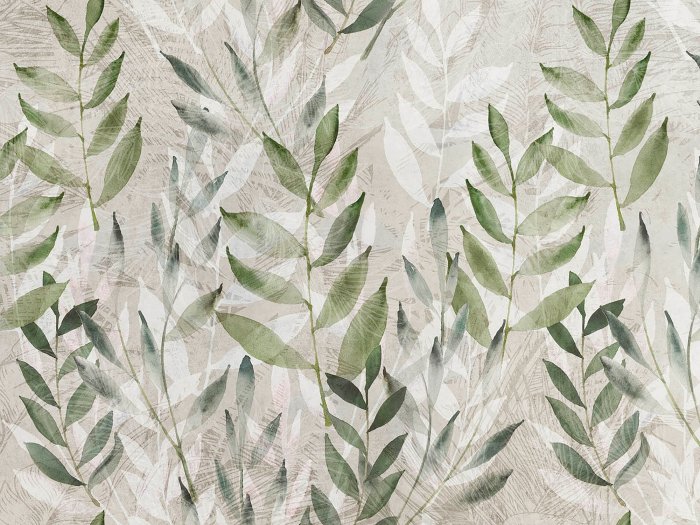 Fototapete Weiße und grüne Blätter im Aquarellstil