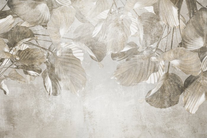 Fototapete Tropische Blätter auf Beton in Grautönen