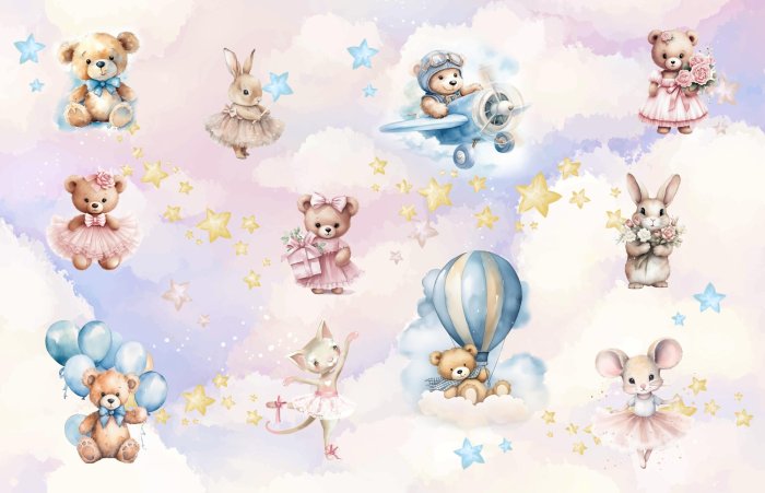 Fototapete Tiere vor einem pastellfarbenen Himmel im Aquarellstil