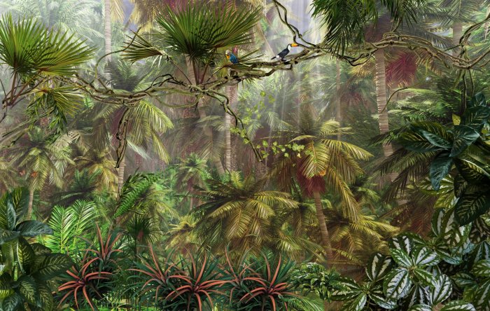 Fototapete Vögel im tropischen Dschungel inmitten der dichten Vegetation