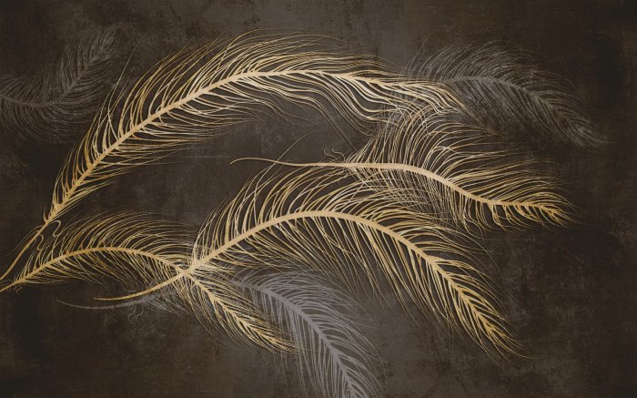 Fototapete Abstrakte 3D-goldene Federn auf dunklem Hintergrund