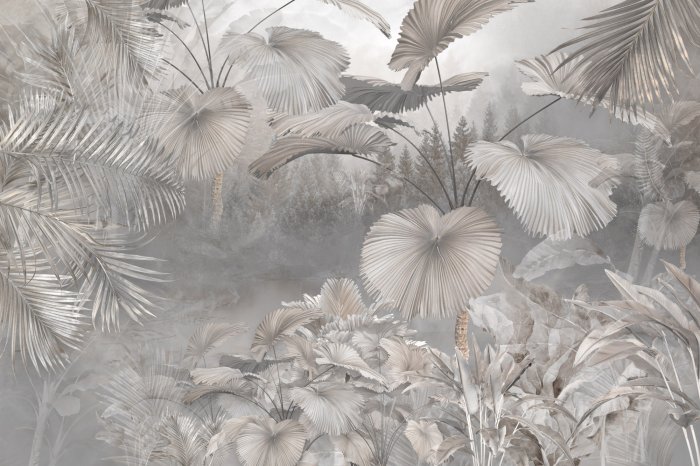 Fototapete Tropischer Wald mit Pflanzen in Grautönen