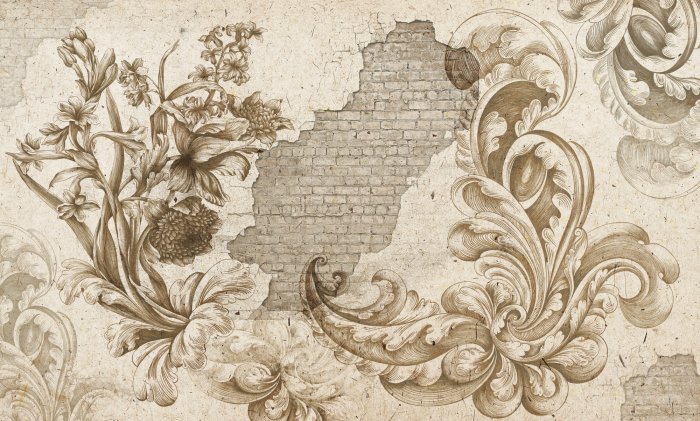 Fototapete Blumen und Ornamente auf Betongrund