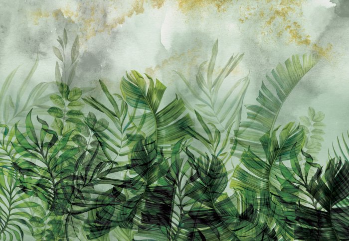 Fototapete Blätter auf grünem Aquarellhintergrund