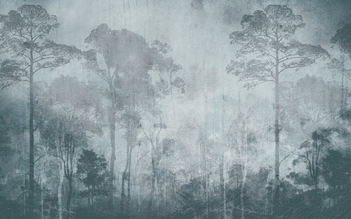 Fototapete Abstrakte Landschaft mit einem Wald in blauen Farben