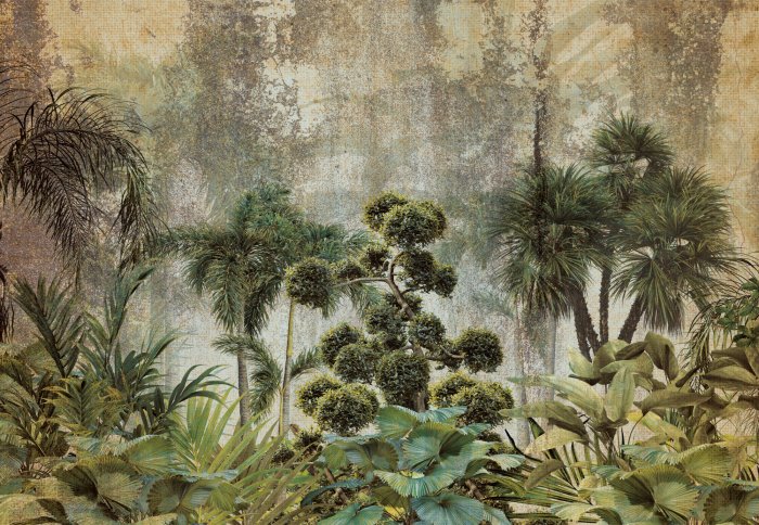 Fototapete Exotische Vegetation auf konkretem Hintergrund, grüne Komposition