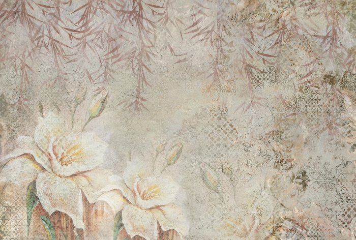 Fototapete Blumen über hängenden Bambusblättern