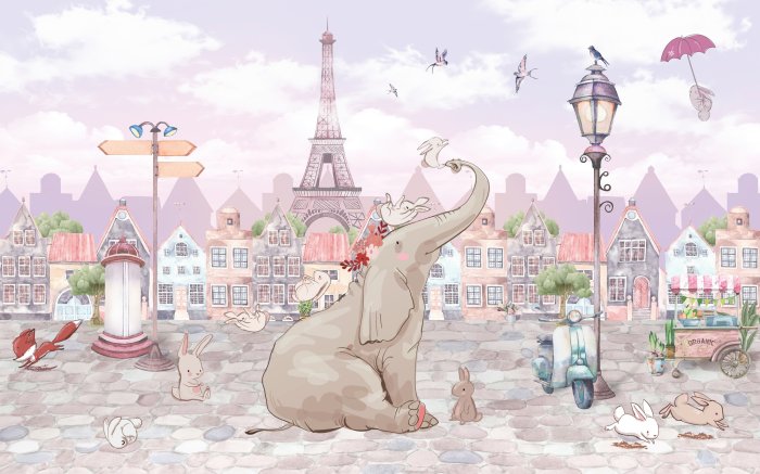 Fototapete Elefanten und Tiere in Paris mit dem Eiffelturm im Hintergrund im Aquarellstil