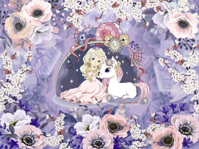 Fototapete Prinzessin und weißes Einhorn zwischen Blumen