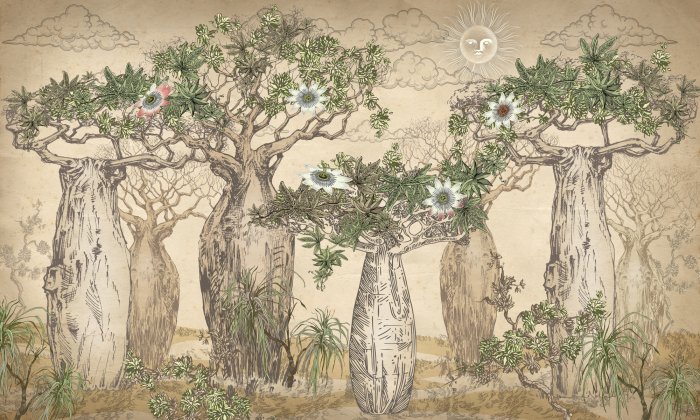 Fototapete Afrikanische Baobab-Landschaft im Vintage-Stil