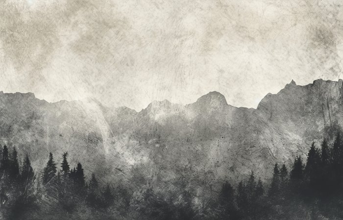 Fototapete Eine minimalistische Landschaft mit einem Wald und Bergen auf einem strukturierten Hintergrund.