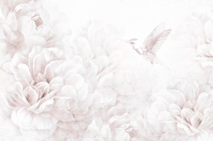 Fototapete Ein Vogel zwischen pastellfarbenen Pfingstrosenblüten