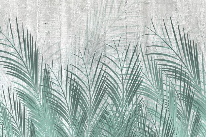 Fototapete Grüne Palmblätter auf grauem Betongrund