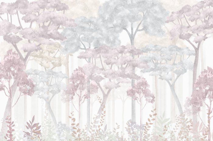 Fototapete Pastellfarbene Bäume in einem Aquarellwald