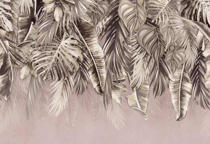 Fototapete Tropische Blätter hängen von oben auf einem pastellfarbenen Hintergrund