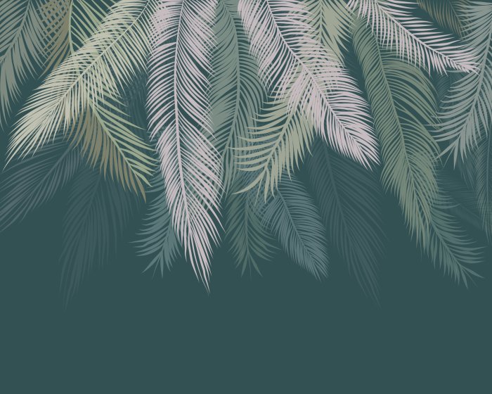 Fototapete Von oben hängende Palmblätter vor grünem Hintergrund