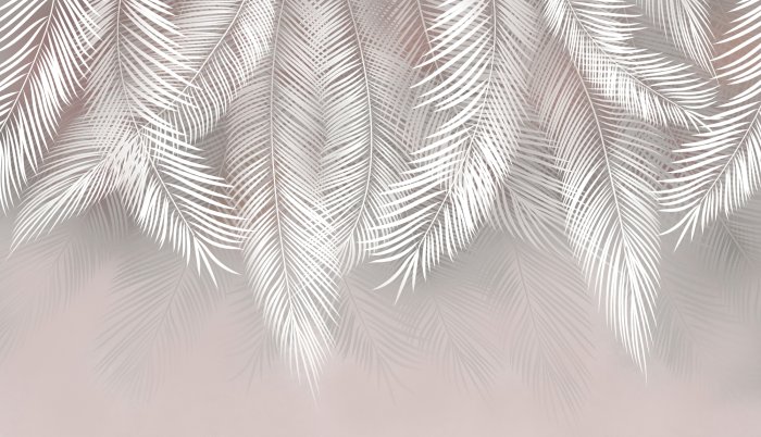Fototapete Tropische Palmblätter hängen von oben auf einem pastellfarbenen Hintergrund