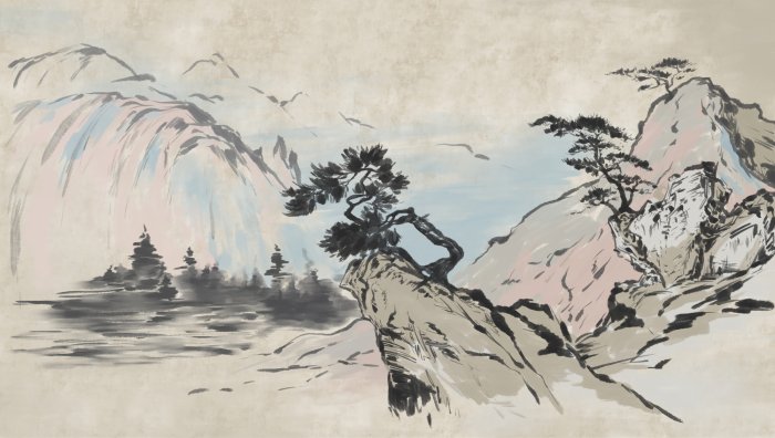 Fototapete Bäume auf Felsen mit Bergen im Hintergrund, Landschaft im chinesischen Stil