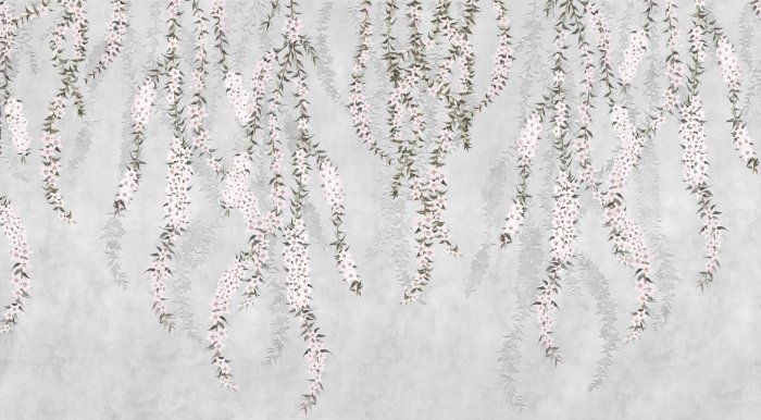 Fototapete Blühende Zweige mit Blumen auf grauem Hintergrund