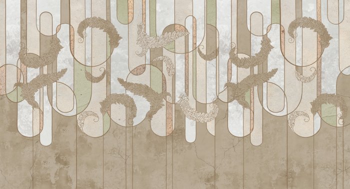 Fototapete Blätter und geometrische Formen auf strukturiertem Hintergrund