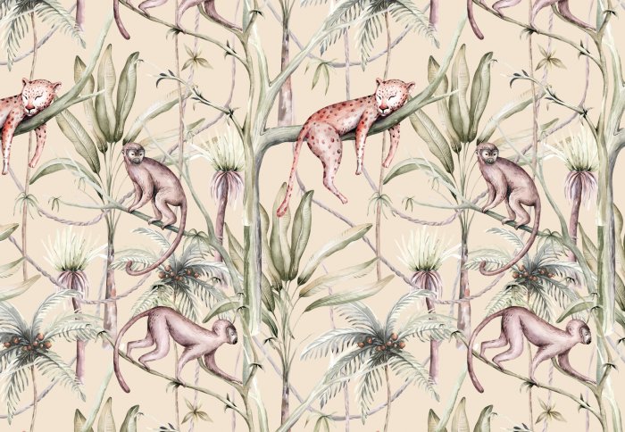 Fototapete Wildkatzen und Affen auf tropischen Pflanzen