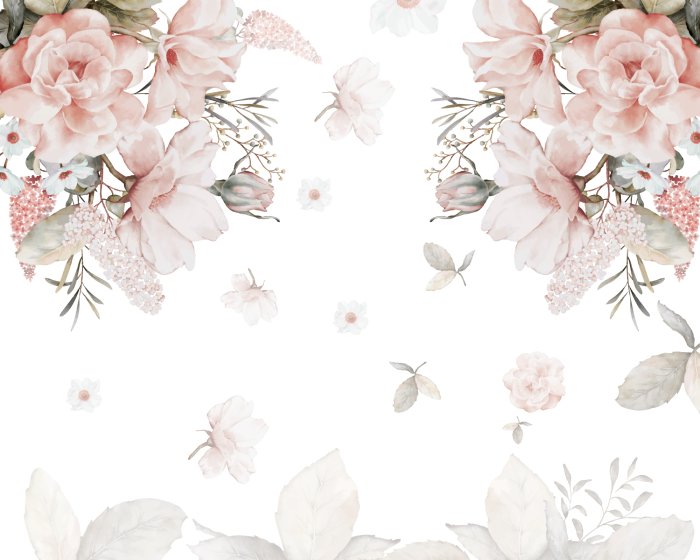 Fototapete Aquarellblumen und -blätter auf weißem Hintergrund