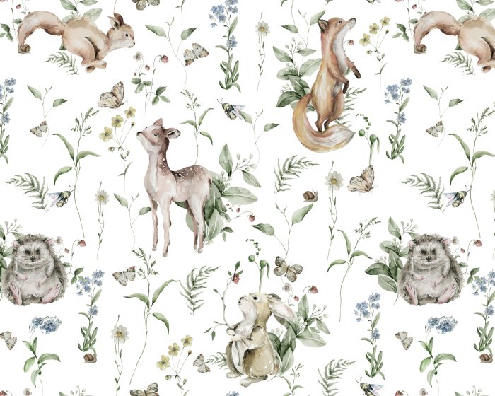 Fototapete Aquarell Waldtiere und Pflanzen