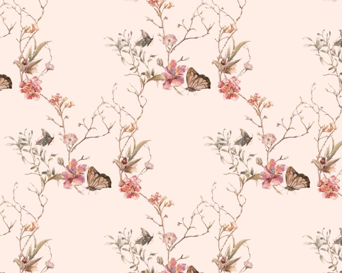 Fototapete Schmetterlinge zwischen den Blumen auf den Zweigen