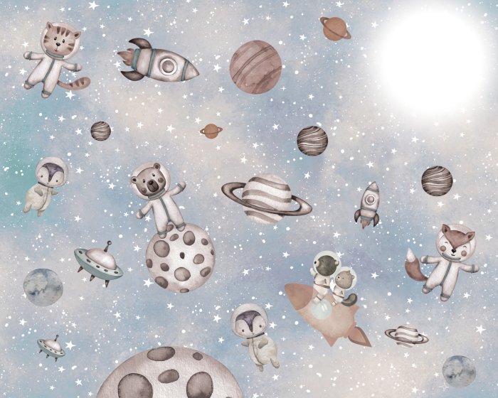 Fototapete Tiere und Planeten auf einem Sternenhintergrund