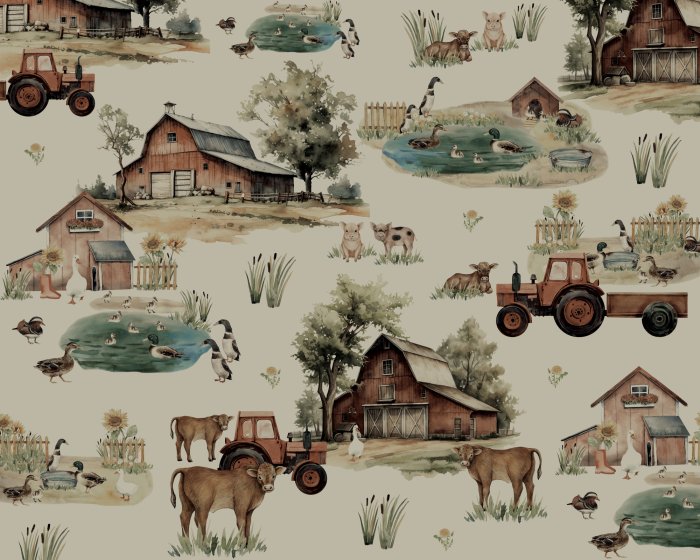 Fototapete Aquarell Bauernhof mit Tieren