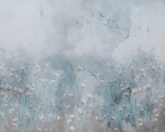 Fototapete Wildblumen und Vögel auf einem Aquarellhintergrund