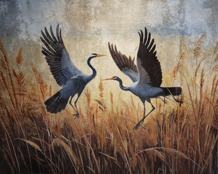 Fototapete Reiher und Pflanzen auf der Wiese