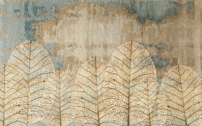 Fototapete 3D-Blätter auf strukturiertem Hintergrund mit Betoneffekt