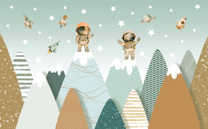 Fototapete Kosmonauten und 3D-Berglandschaft
