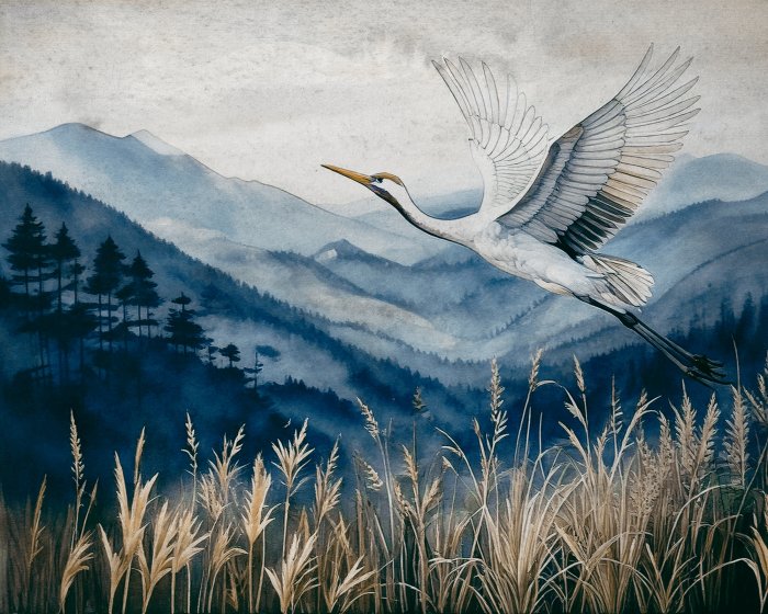 Fototapete Ein Reiher vor einer Aquarell-Berglandschaft