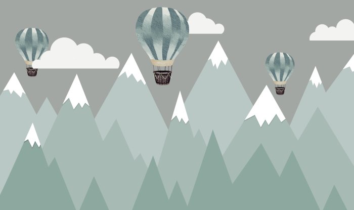 Fototapete Luftballons vor einer Berglandschaft für Kinder