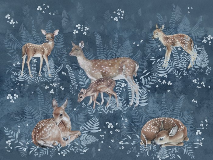 Fototapete Aquarellmuster mit Hirsch- und Farnblättern