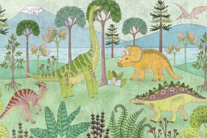 Fototapete Eine Märchenlandschaft für Kinder mit Dinosauriern
