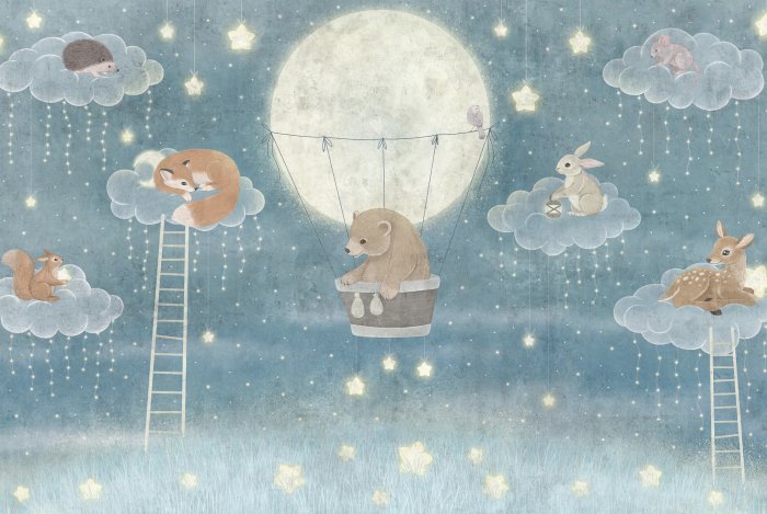 Fototapete Tiere auf Wolken mit Sternenhimmel im Hintergrund