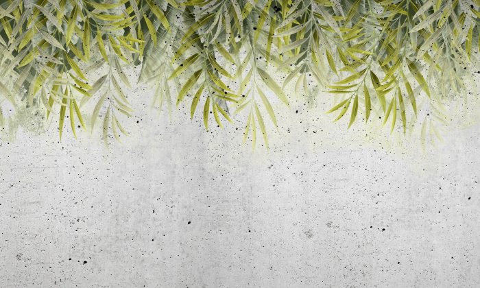 Fototapete Grüne Blätter hängen von oben vor einem Hintergrund aus grauem Beton
