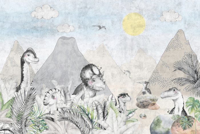 Fototapete Dinosaurier in einem Märchenland mit Vulkanen