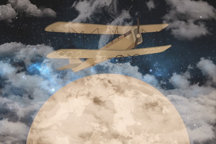 Fototapete Ein Flugzeug vor dem Himmel mit Mond und Sternen